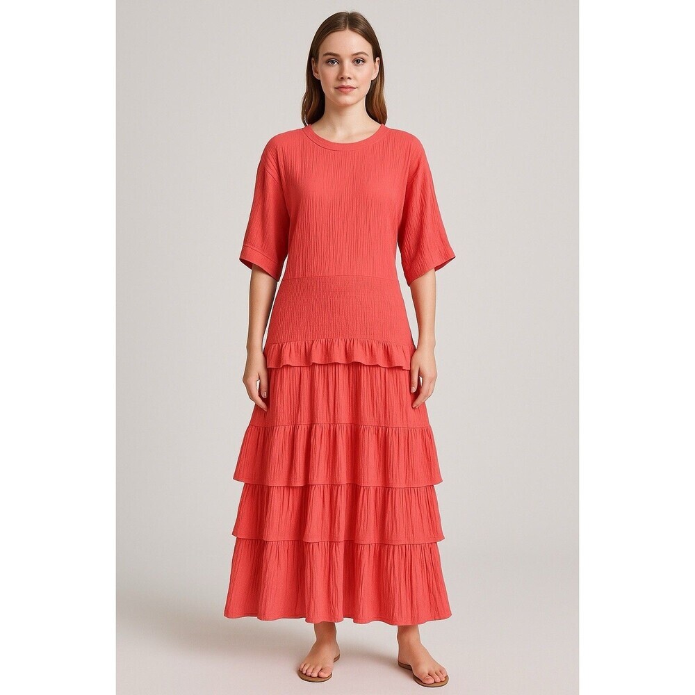 Vtg BARBOGLIO CRISTINA JAN Gauze Maxi Dress Smocked Tiered Short Sleeve Pink 6